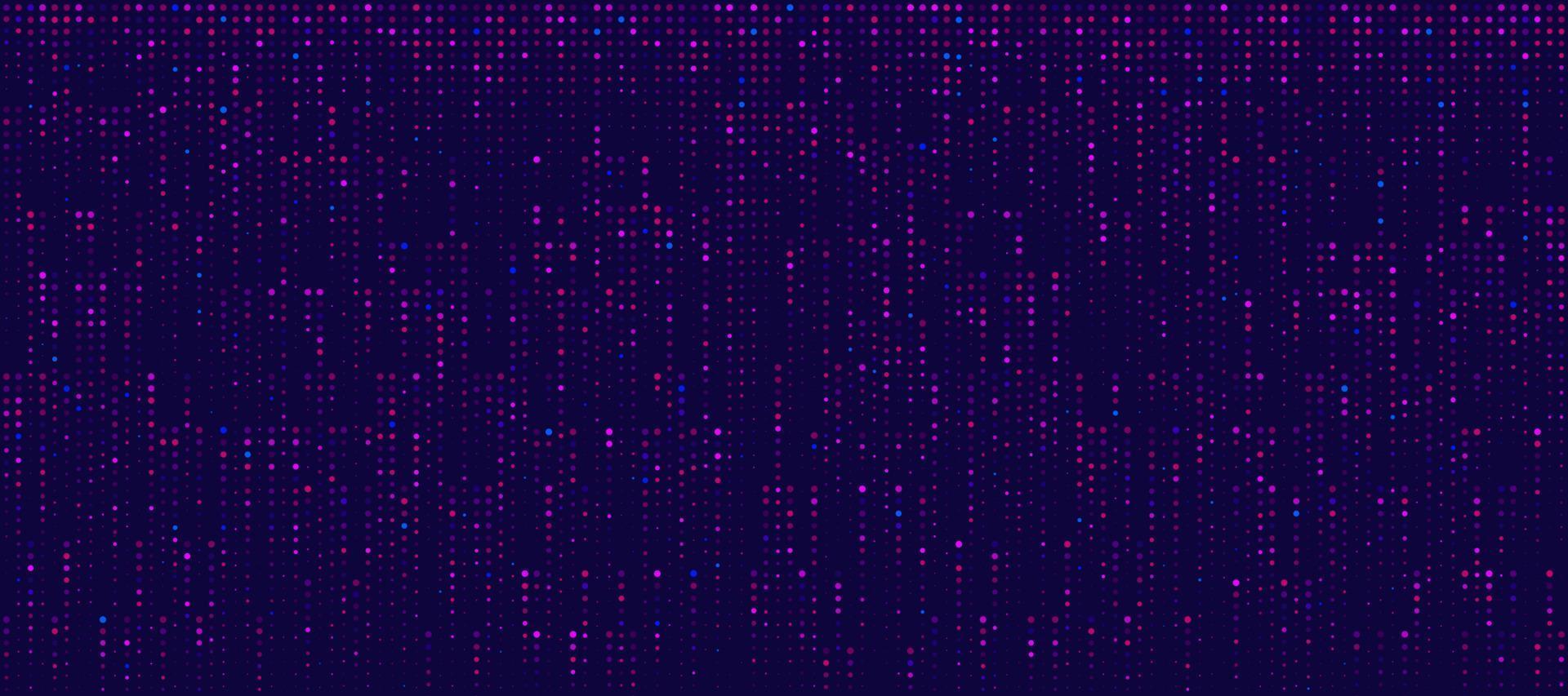 abstracto mínimo rosa púrpura azul vertical patrón punteado aleatorio sobre fondo azul oscuro. estilo de trama de semitonos de textura moderna simple. diseño de banner futurista de tecnología. concepto de datos digitales. eps10 vector