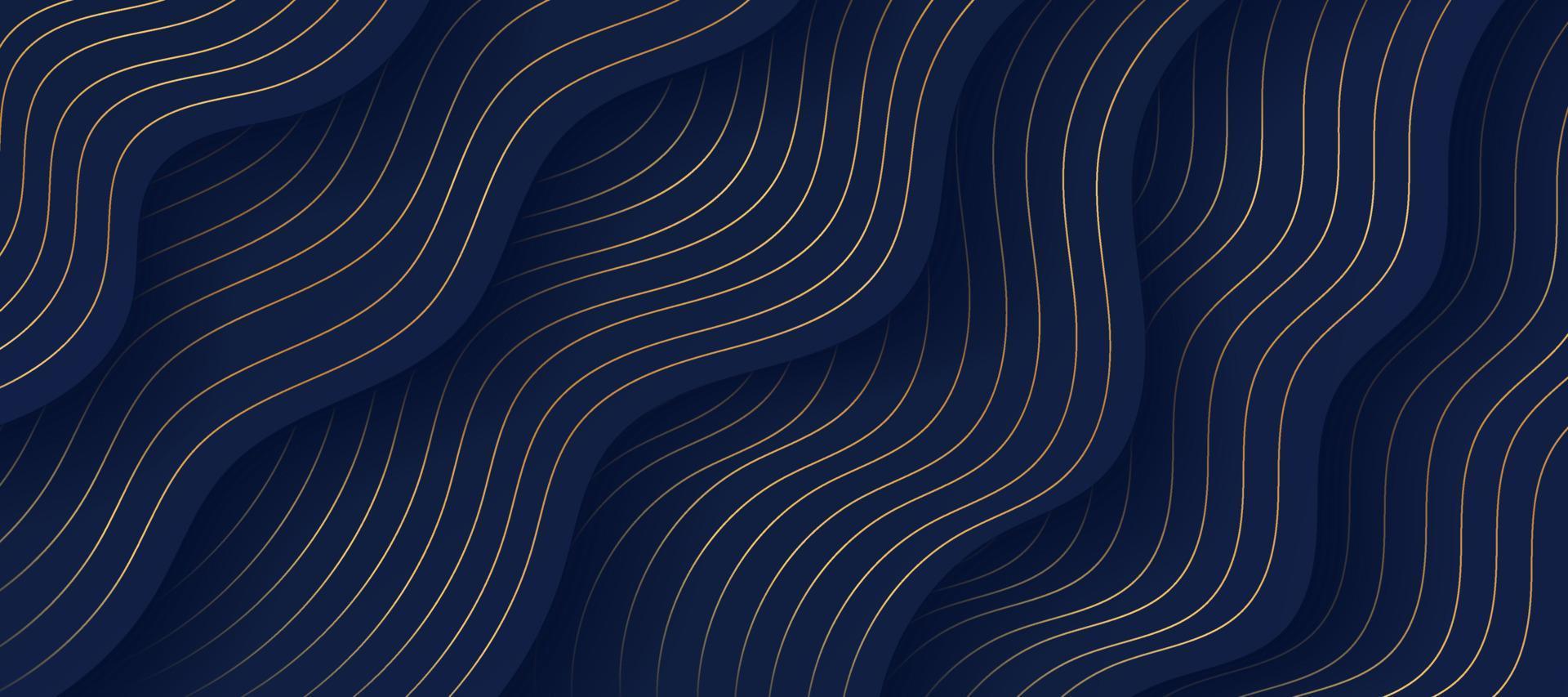 Abstract fluid wavy shape on dark navy blue background, Golden lines