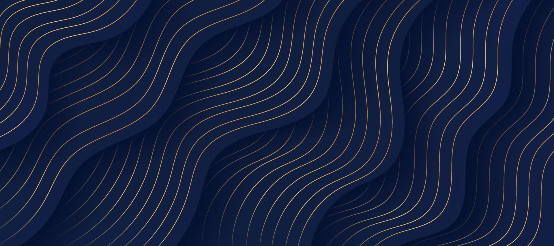 forma ondulada fluida abstracta sobre fondo azul marino oscuro, las líneas doradas decoran. diseño de patrón de curva en capas de lujo. se puede utilizar para la plantilla de folleto de portada, afiche, banner web, anuncio impreso. eps10 vector