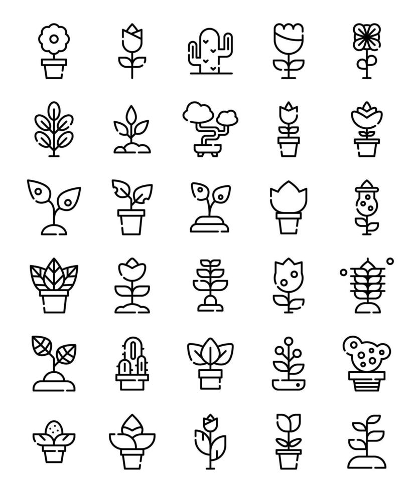 conjunto de iconos de decoración de flores de planta de línea simple vector