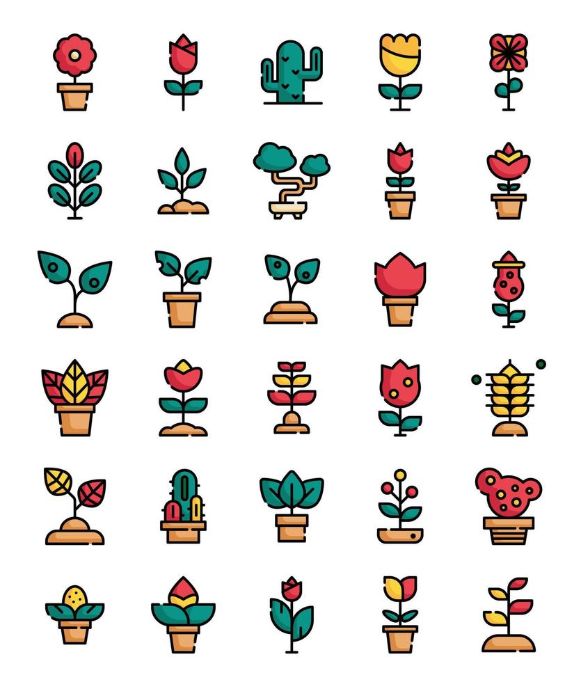 conjunto de iconos de decoración de flores de plantas de contorno lleno vector