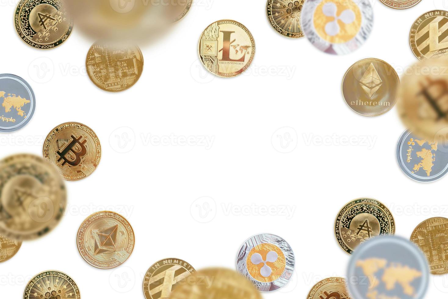 Crypto coins fall on a white surface. Copy space in the middle for text photo