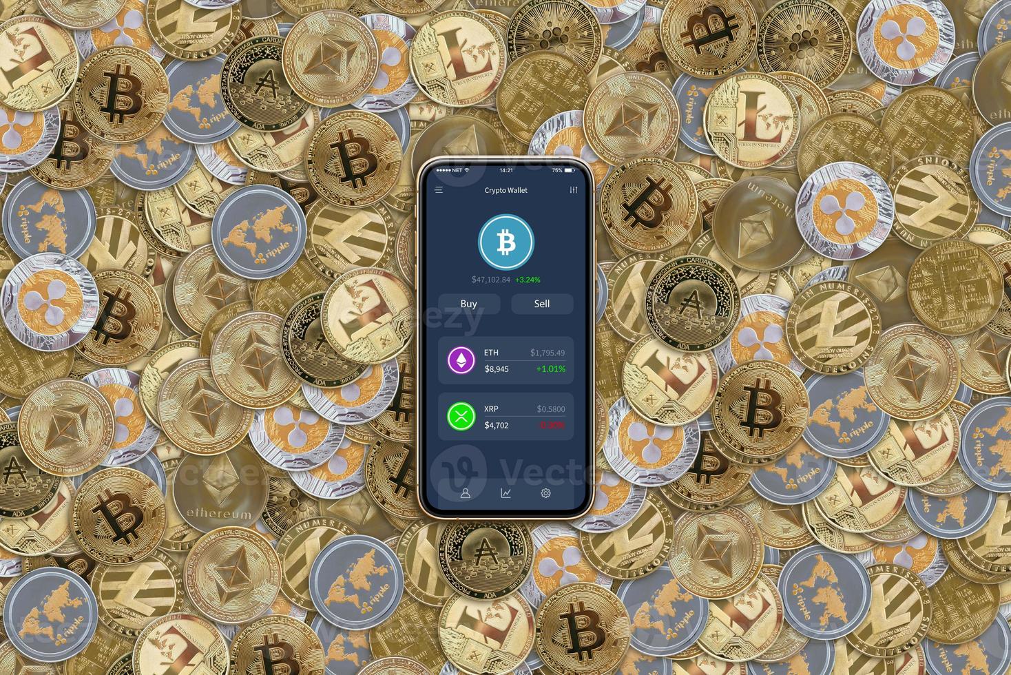 Smart phone with crypto exchange app on a pile of coins photo