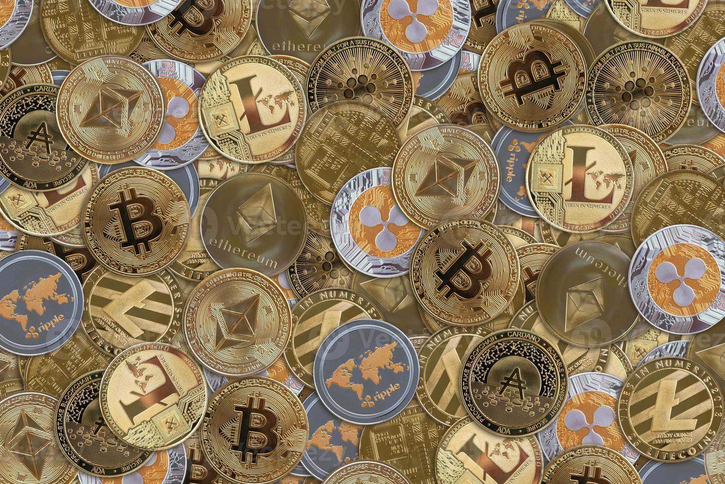 Crypto coins on the pile concept background photo