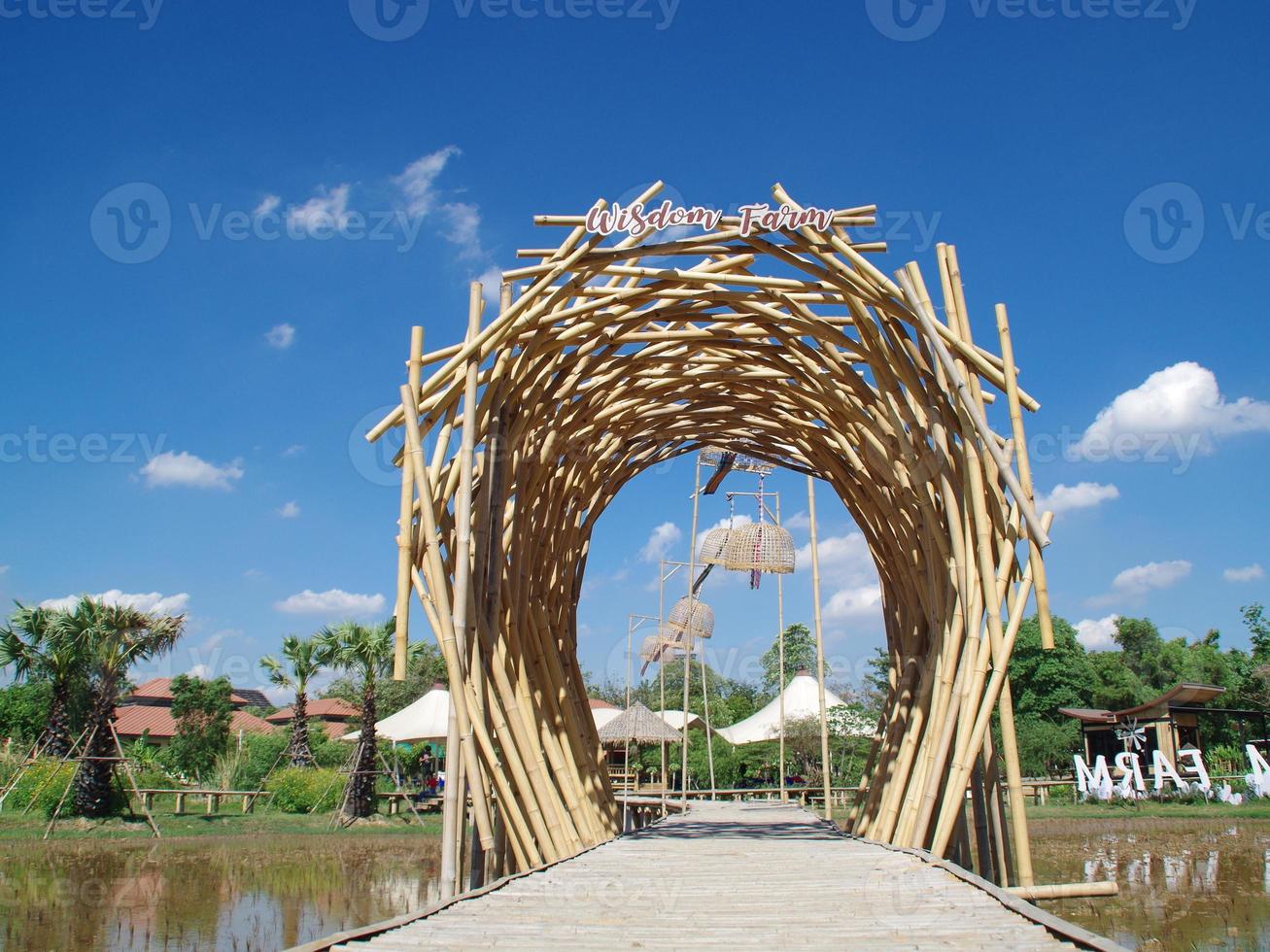 Entrance arch on the bamboo bridge. Pathumthani Thailand. February 14.2020. new landmark of Thailand. Organic farm in the Golden Jubilee Museum of Agriculture office. Wisdom farm in Thailand photo