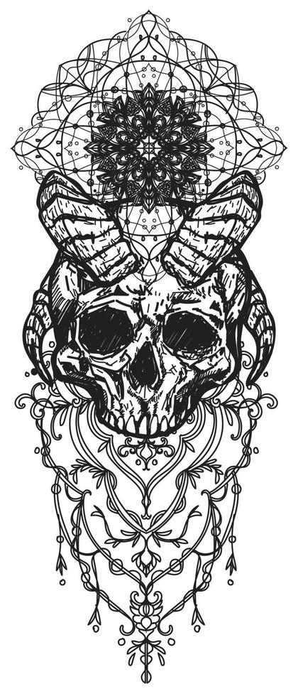Tattoo art skull devil drawing and sketch black and white vector
