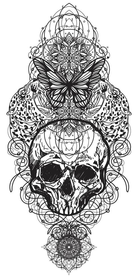 Tattoo art skull drawing and sketch black and white vector