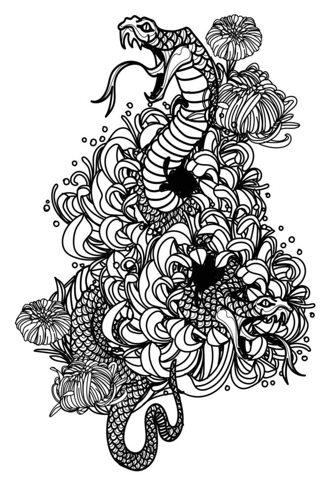 Tattoo art snake and flower hand drawing and sketch vector