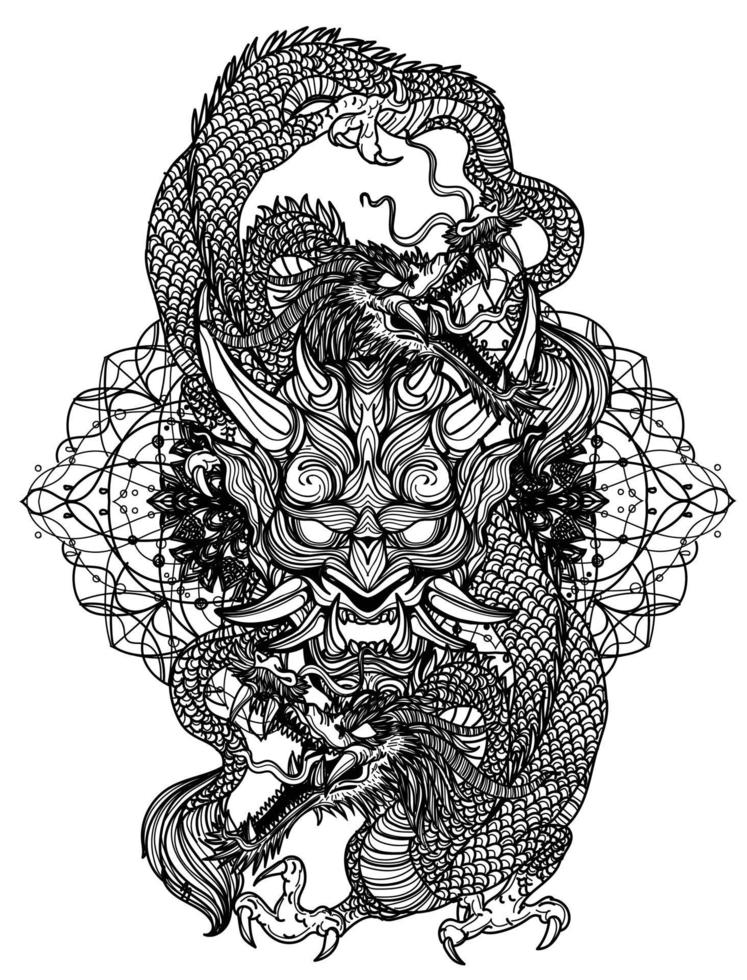 Tattoo art dragon and devil mask hand drawing sketch vector