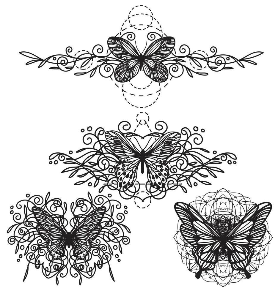 tatuaje arte mariposa bosquejo blanco y negro vector