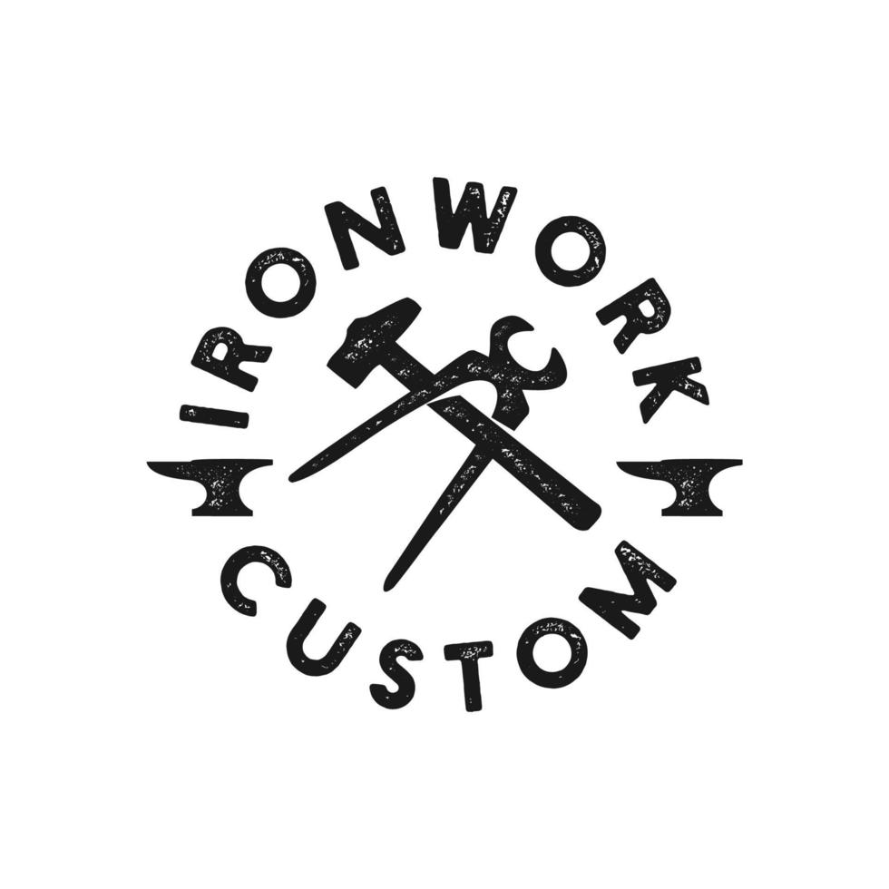 Blacksmith anvil badge vintage logo. Iron works, metal works retro hipster logo vector