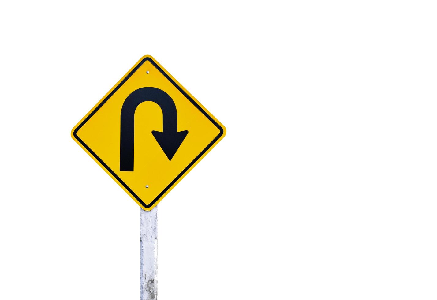 Right turn sign on white pole with clouds and blue sky background. photo