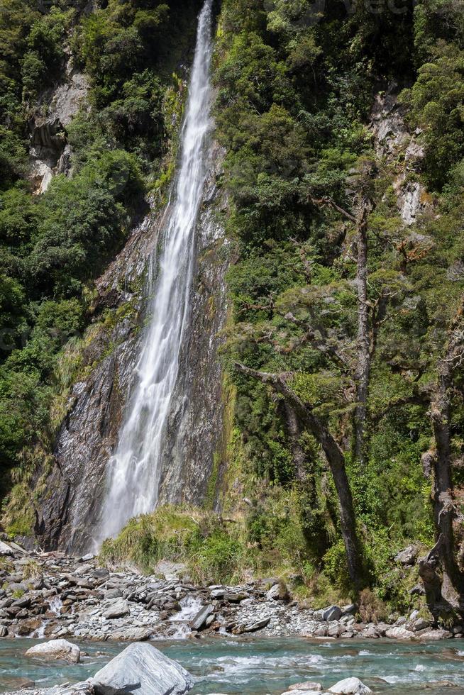 Scenic view of Thunder Creek Falls in New Zealand photo