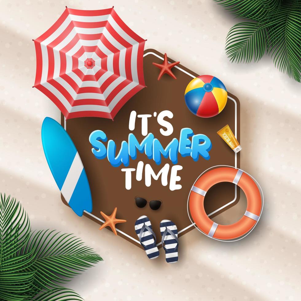 Vector Summer Holiday Illustration with Beach Ball, Palm Leaves, Surf Board and Typography Letter on Beach Sands Background.