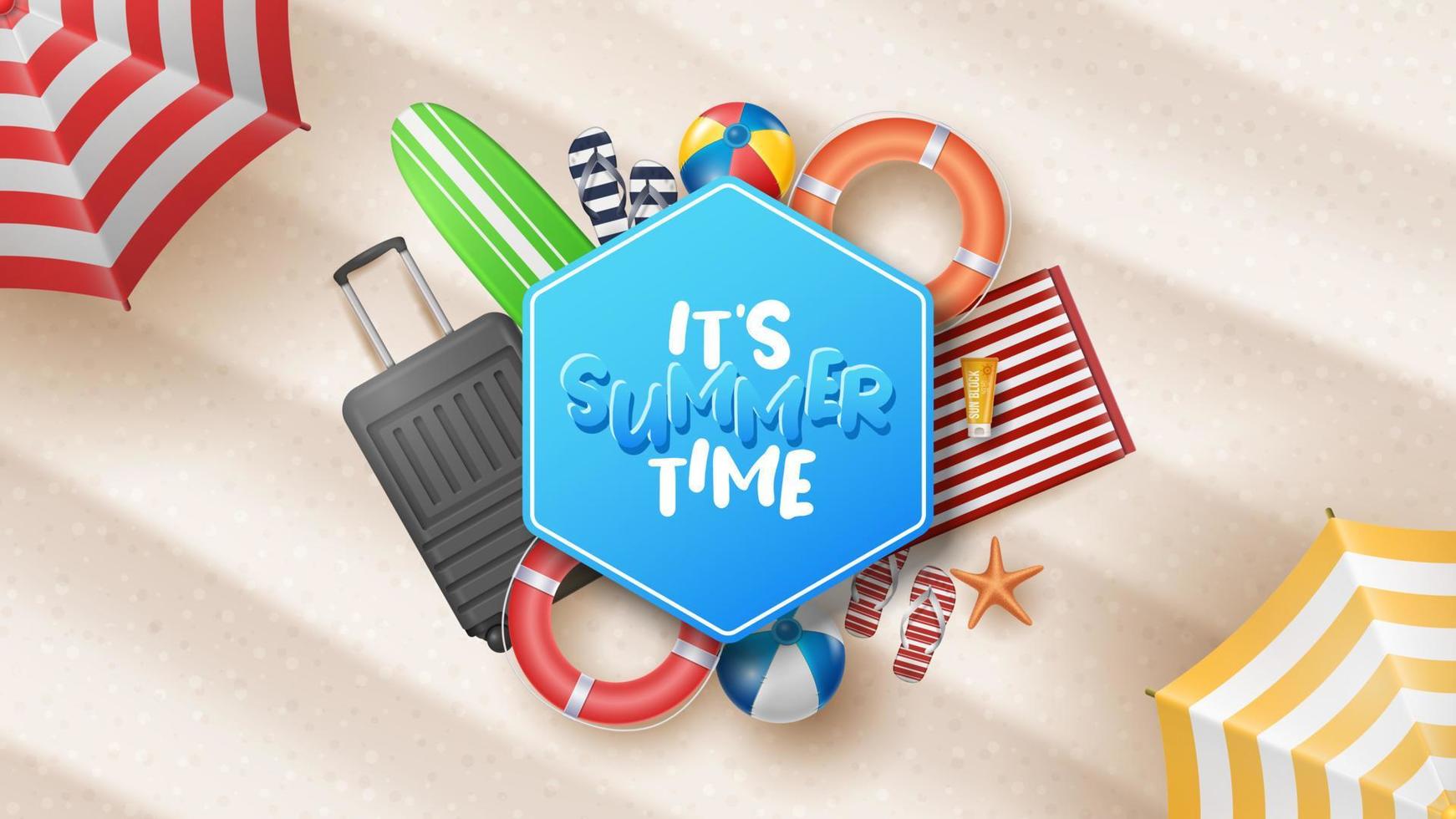 Vector Summer Holiday Illustration with Beach Ball, Palm Leaves, Surf Board and Typography Letter on Beach Sands Background.