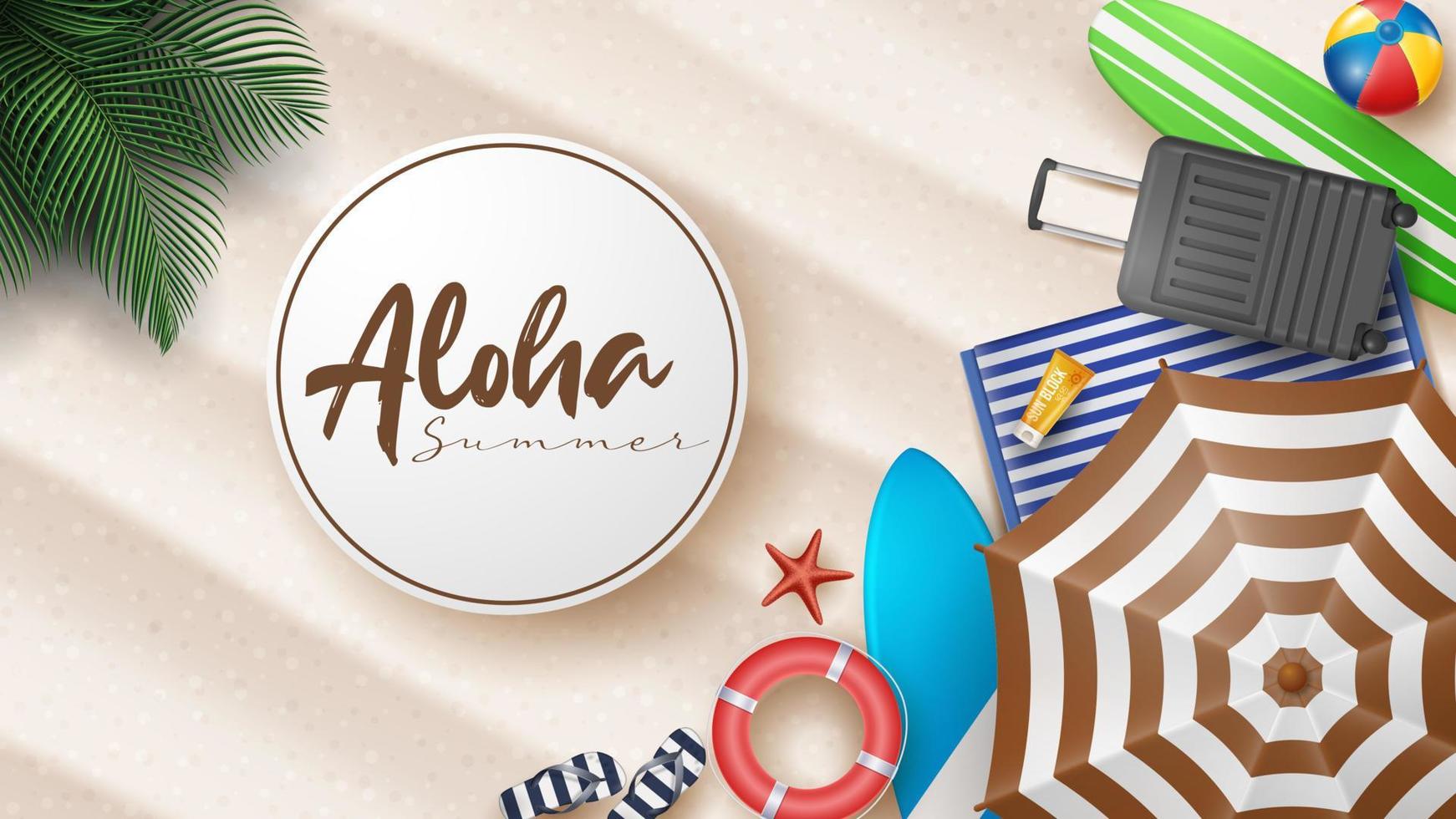 Vector Summer Holiday Illustration with Beach Ball, Palm Leaves, Surf Board and Typography Letter on Beach Sands Background.