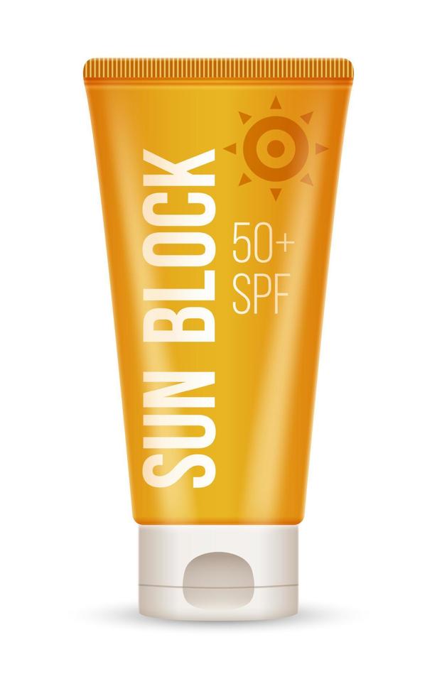 Sun block cream, oil and lotion containers. Sun protection and suntan cosmetics isolated on white background. Vector illustration