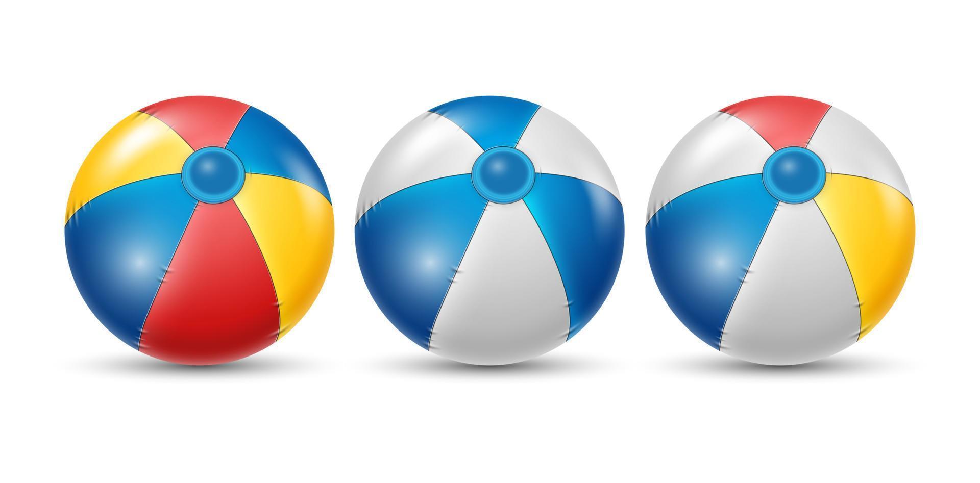 pelota de playa colorida con un juego de colores diferente. pelota de playa blanca, amarilla y azul aislada en fondo blanco. ilustración vectorial vector
