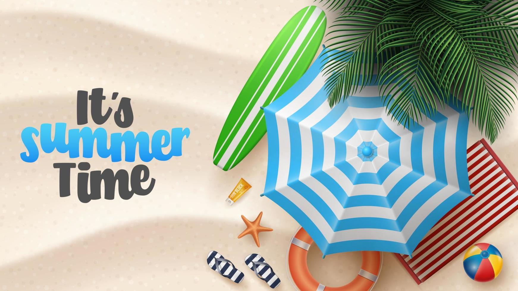 Vector Summer Holiday Illustration with Beach Ball, Palm Leaves, Surf Board and Typography Letter on Beach Sands Background.