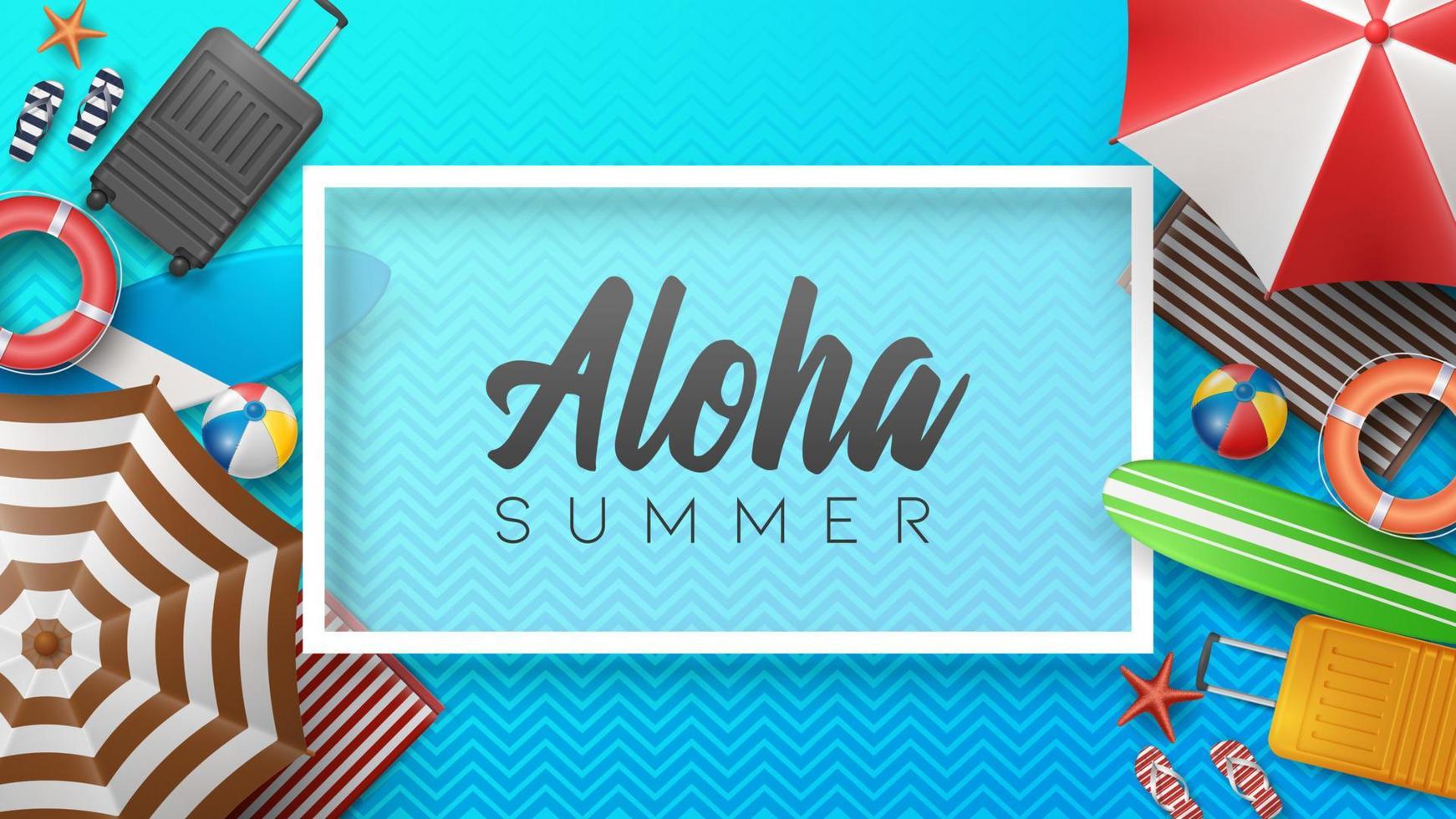 Vector Summer Holiday Illustration with Beach Ball, Palm Leaves, Surf Board and Typography Letter on Pattern Background.