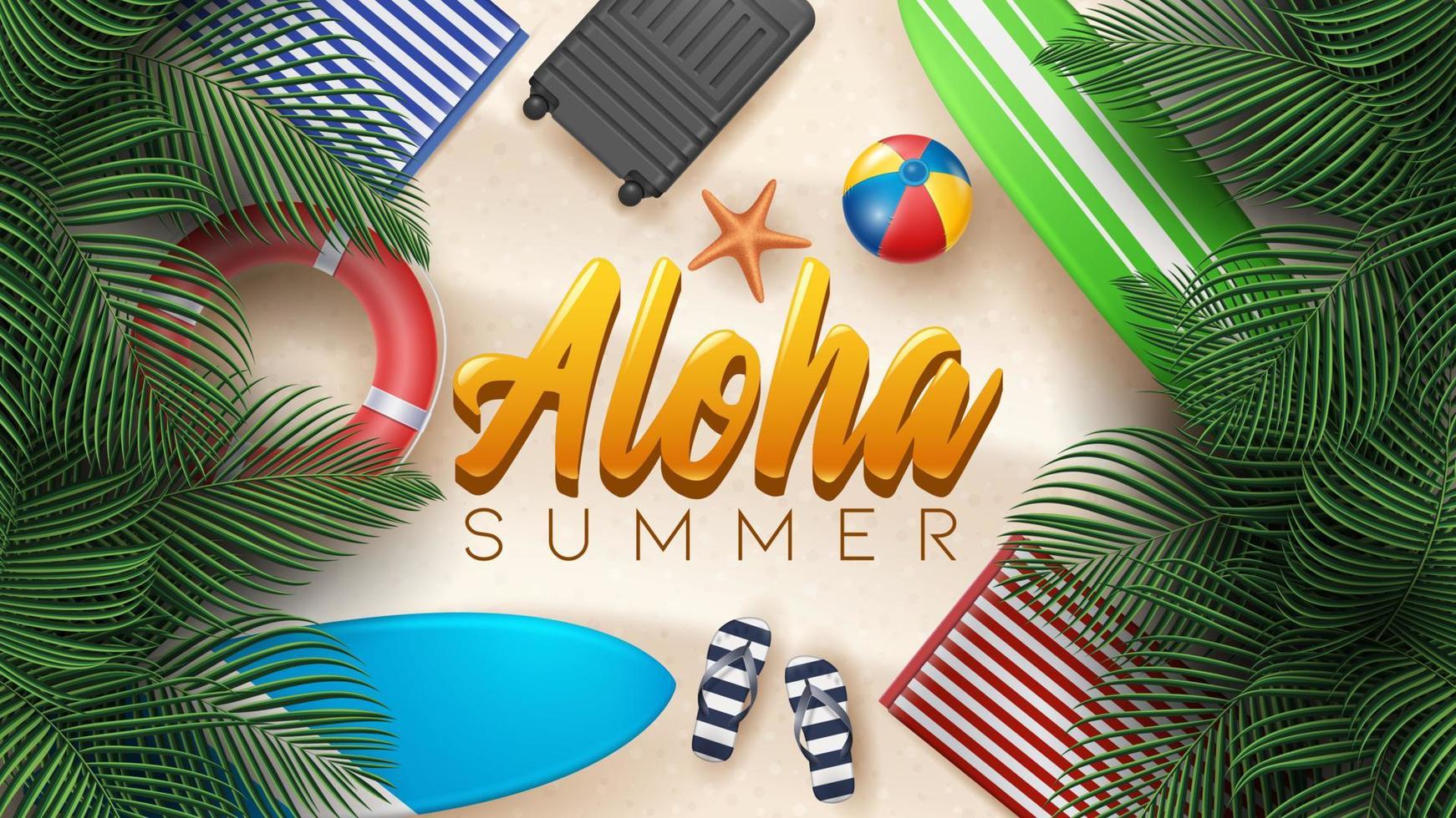 Vector Summer Holiday Illustration with Beach Ball, Palm Leaves, Surf Board and Typography Letter on Beach Sands Background.