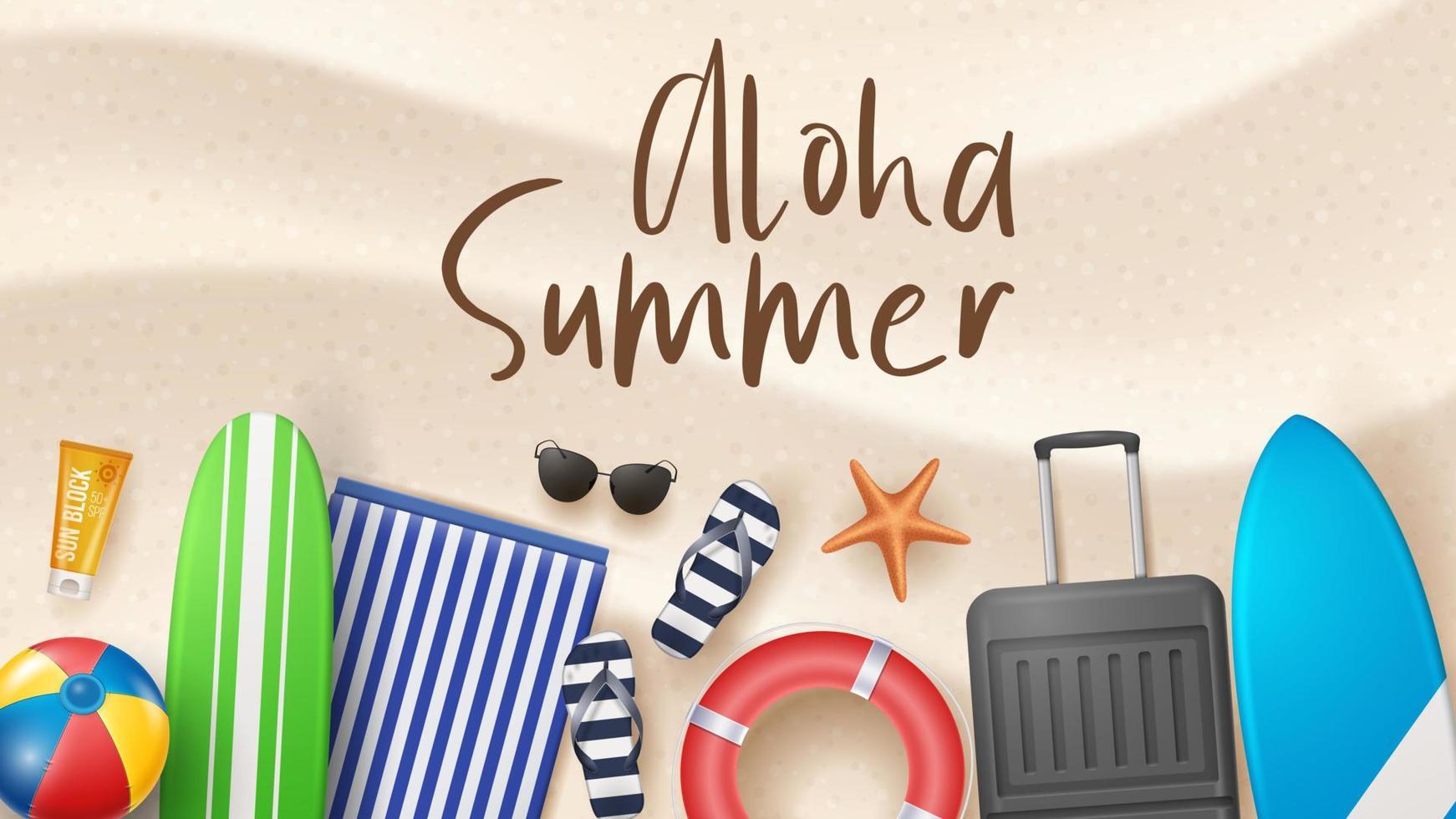 ilustración vectorial de vacaciones de verano con pelota de playa, hojas de palma, tabla de surf y letra tipográfica sobre fondo de arena de playa. vector