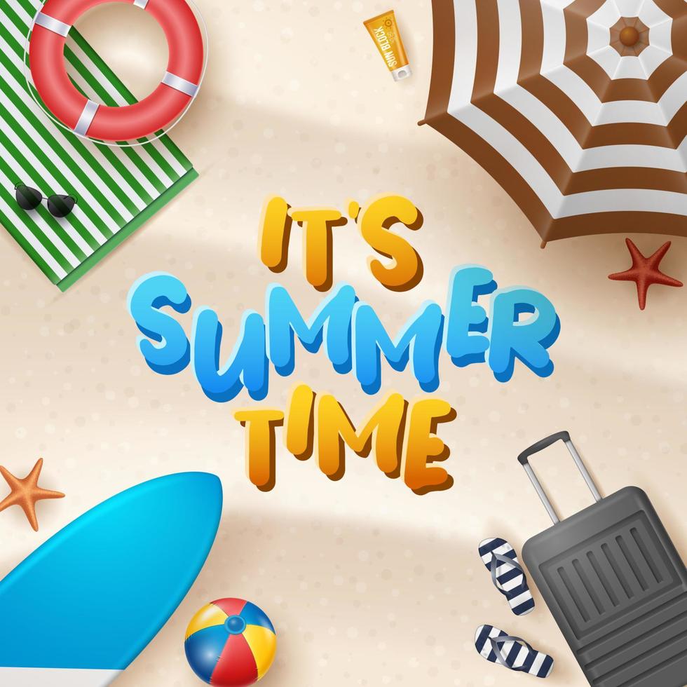 Vector Summer Holiday Illustration with Beach Ball, Palm Leaves, Surf Board and Typography Letter on Beach Sands Background.