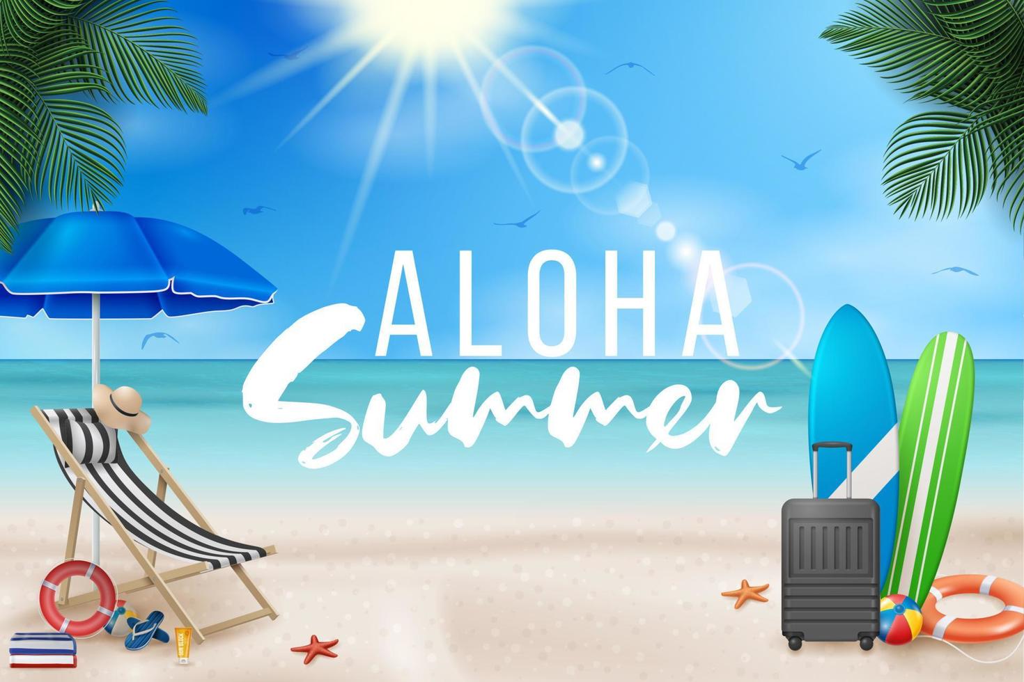 ilustración vectorial de vacaciones de verano con pelota de playa, hojas de palma, tabla de surf y letra tipográfica en el fondo del paisaje del océano azul. vector