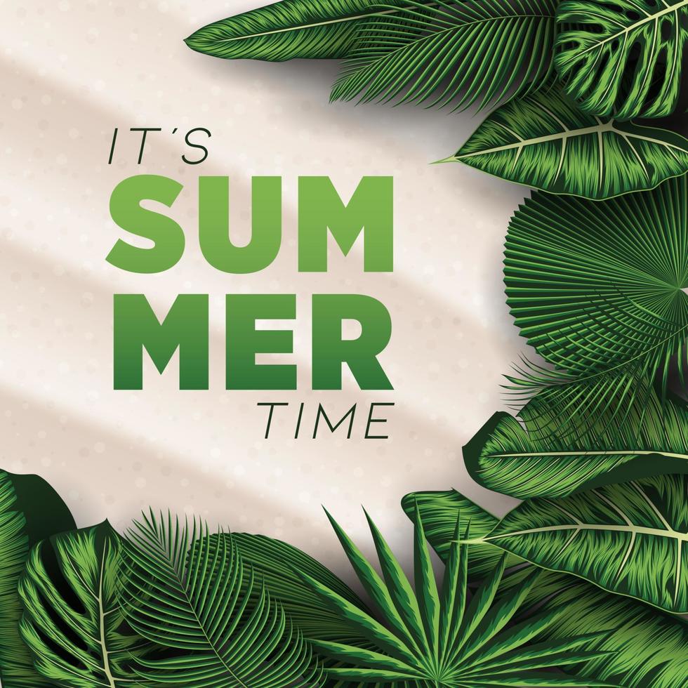 ilustración vectorial de vacaciones de verano con letra tipográfica de hojas tropicales sobre fondo de arena de playa. vector