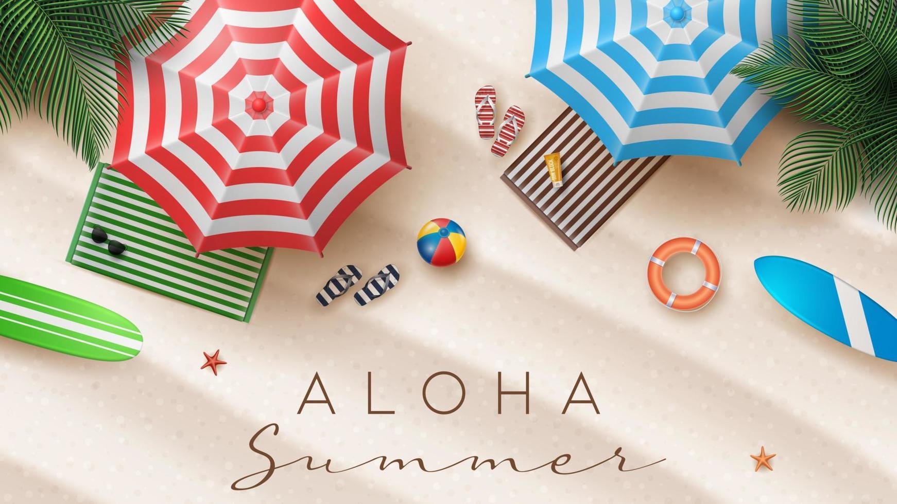 Vector Summer Holiday Illustration with Beach Ball, Palm Leaves, Surf Board and Typography Letter on Beach Sands Background.