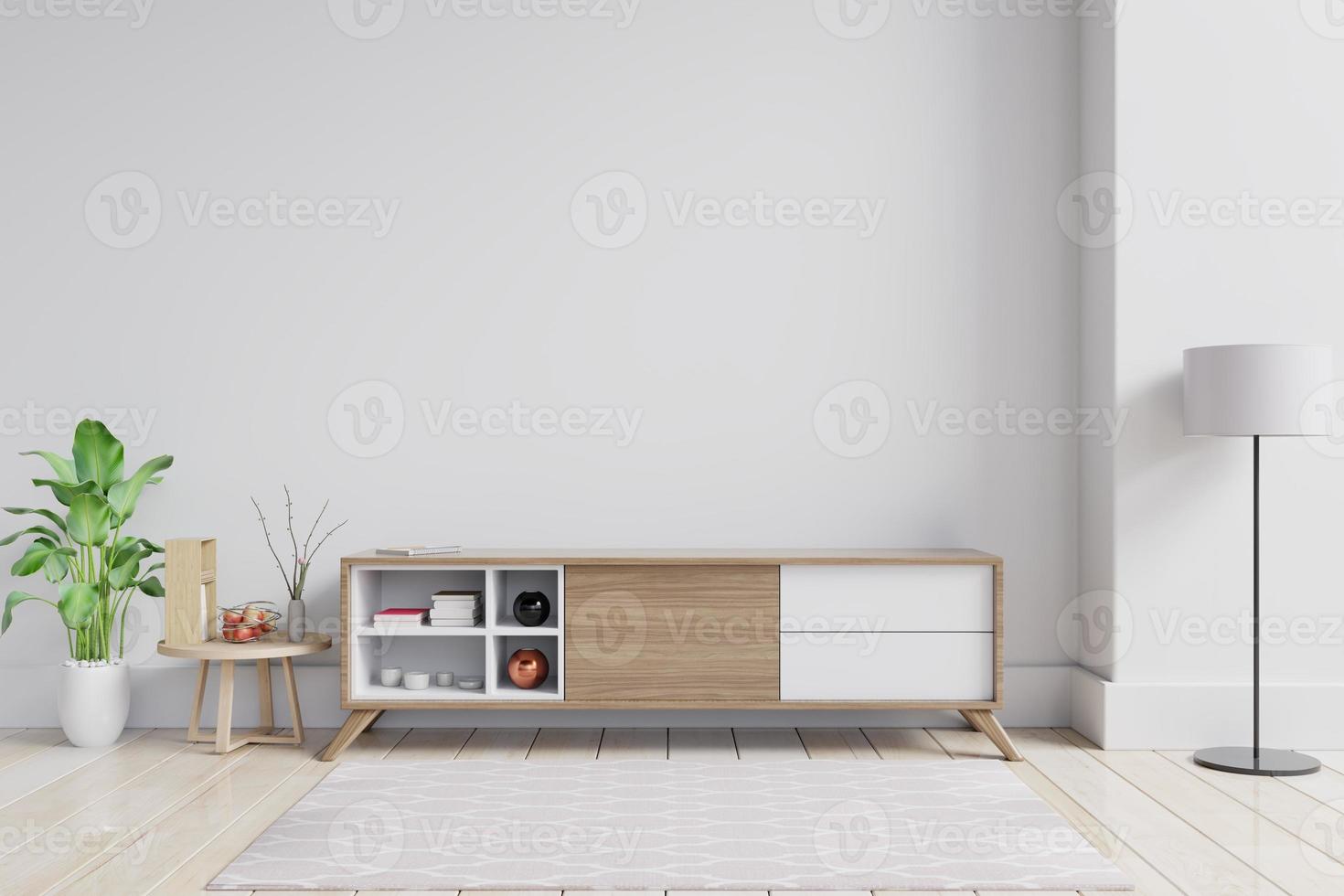 Mueble y pared para tv en sala, paredes blancas. foto