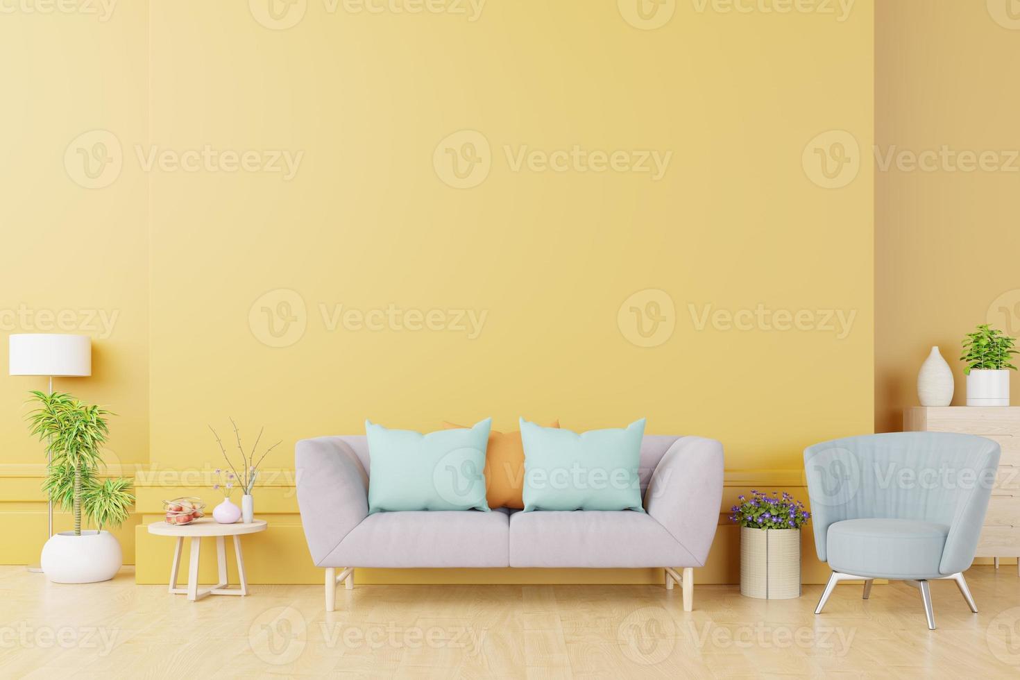 el interior de la sala de estar moderna, luminosa y acogedora, tiene un sofá y una lámpara con fondo de pared amarillo. foto