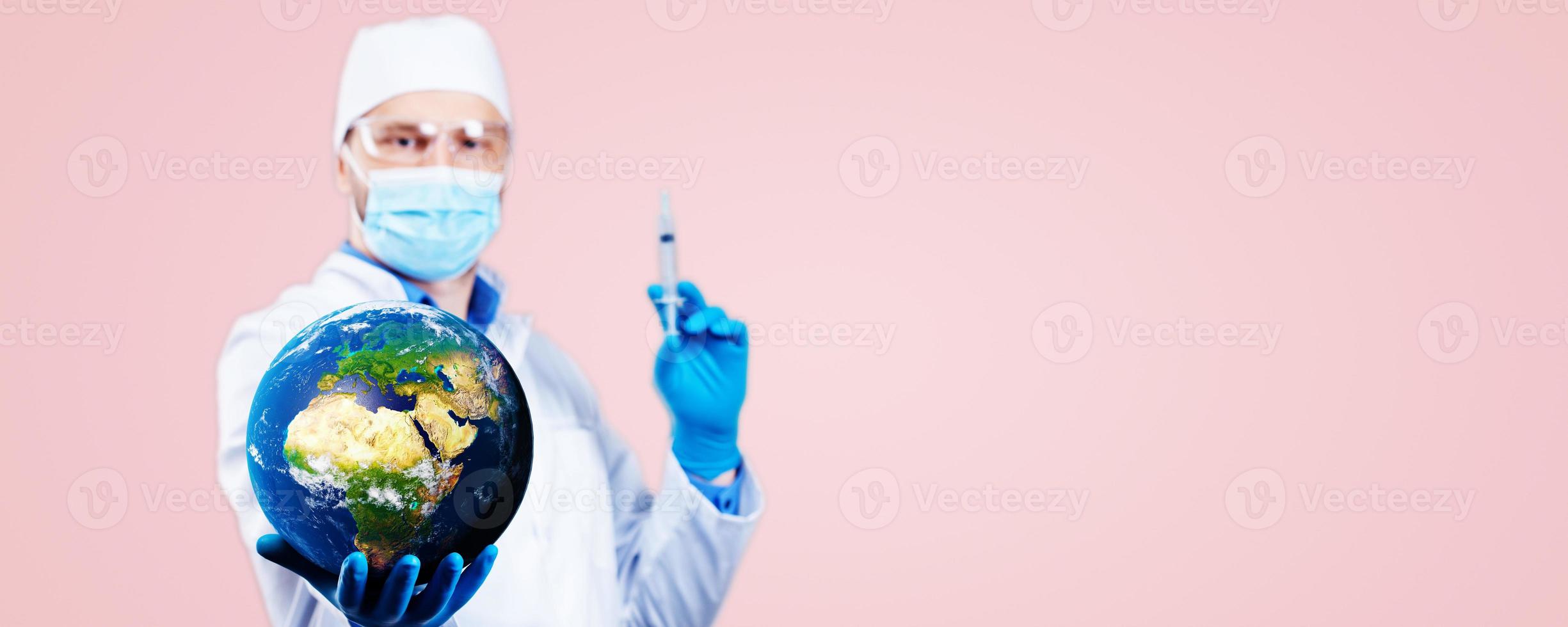 Doctor hold a earth globe in hands and a medical syringe with vaccine against corona virus. 3D rendering. Elements of this image furnished by NASA. photo