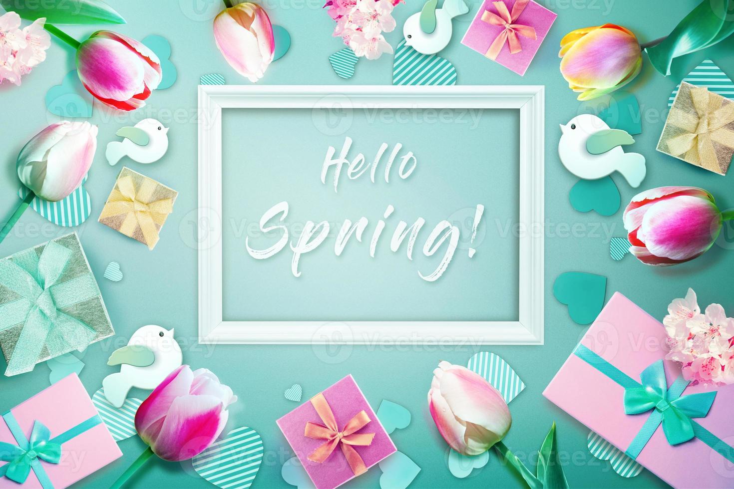 Flowers and gifts with copy space. Spring creative composition. photo