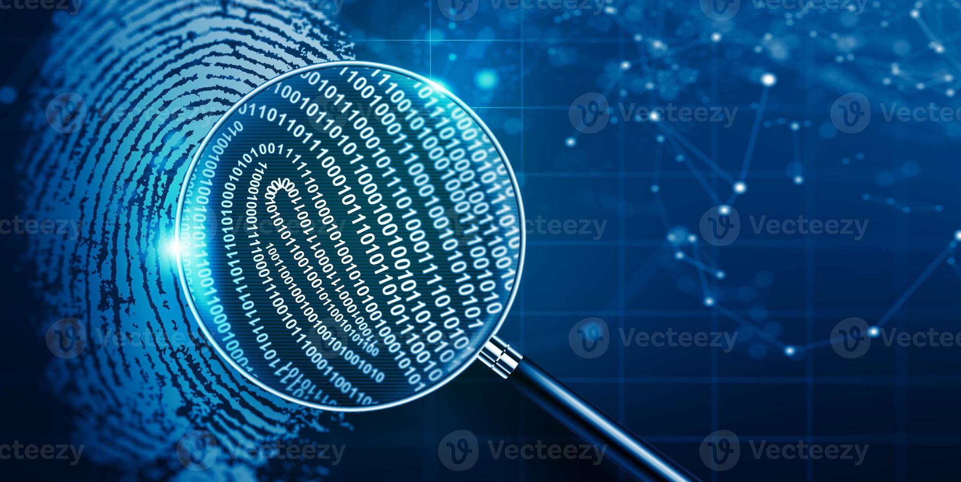 Magnifying glass and Biometrics authentication technology with binary code. photo