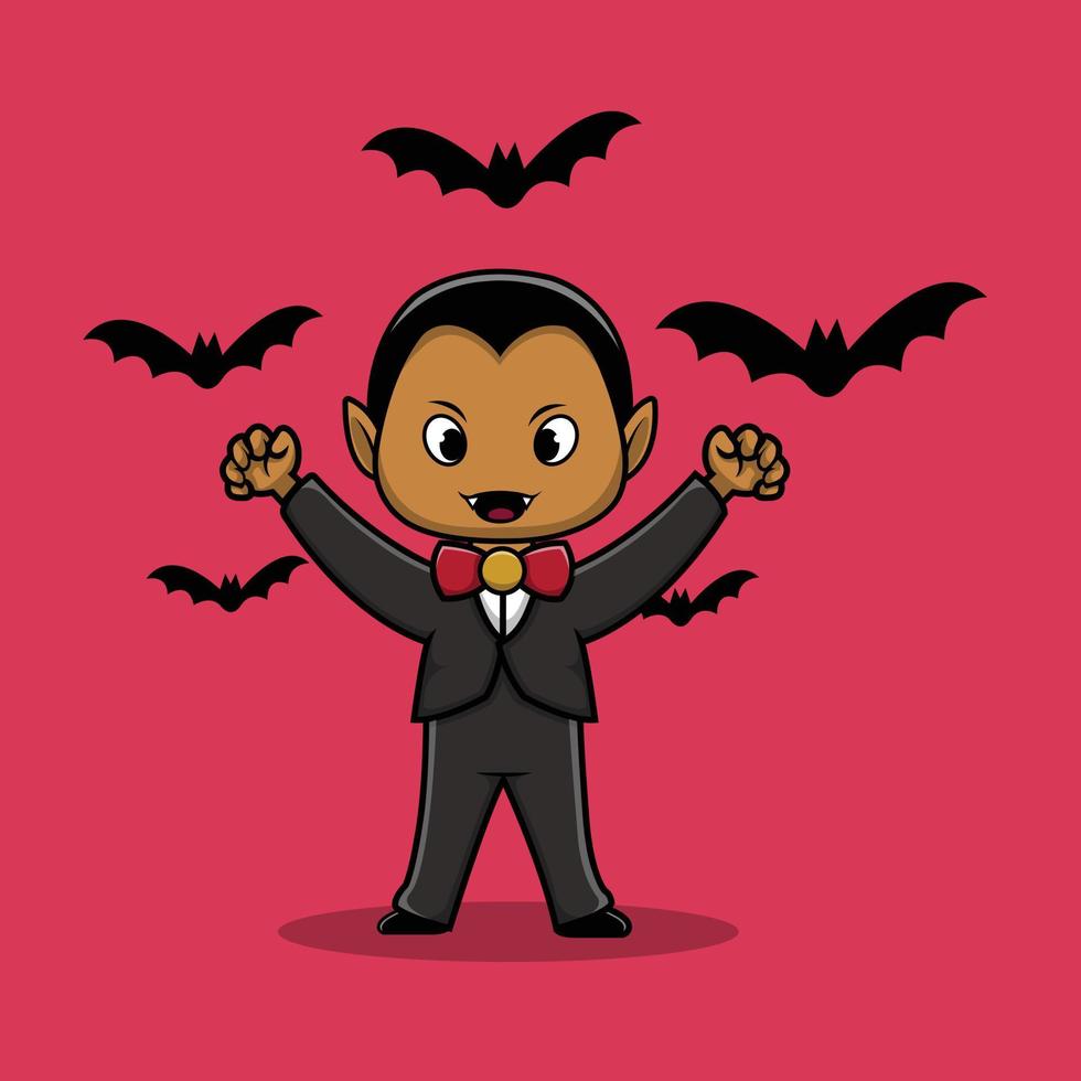 Cute Dracula With Bat Cartoon Vector Icon Illustration. People Holiday Icon Concept Isolated Premium Vector. Flat Cartoon Style