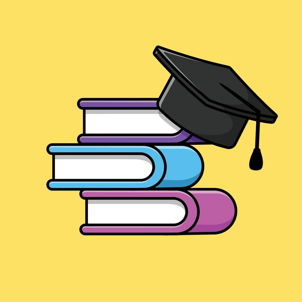 Graduation Hat With Book Cartoon Vector Icon Illustration. Education Object Icon Concept Isolated Premium Vector. Flat Cartoon Style