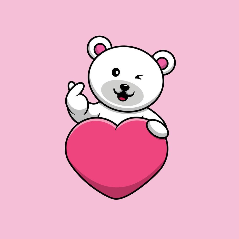 Lindo oso polar con ilustración de icono de vector de dibujos animados de corazón de amor. ciencia deporte icono concepto aislado vector premium. estilo de dibujos animados plana