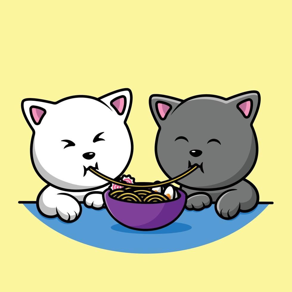 Cute Cat Couple Eating Ramen Noodle Cartoon Vector Icon Illustration. Science Sport Icon Concept Isolated Premium Vector. Flat Cartoon Style