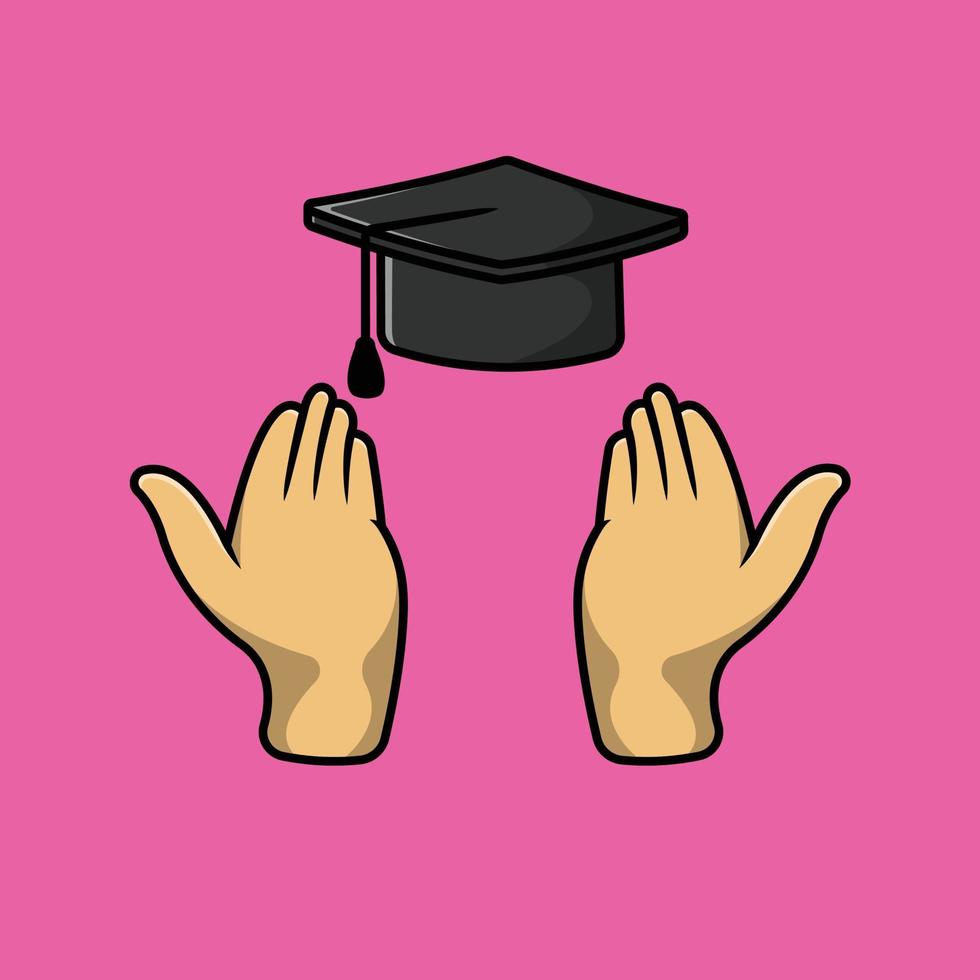 Hand With Graduation Hat Cartoon Vector Icon Illustration. People Education Icon Concept Isolated Premium Vector. Flat Cartoon Style