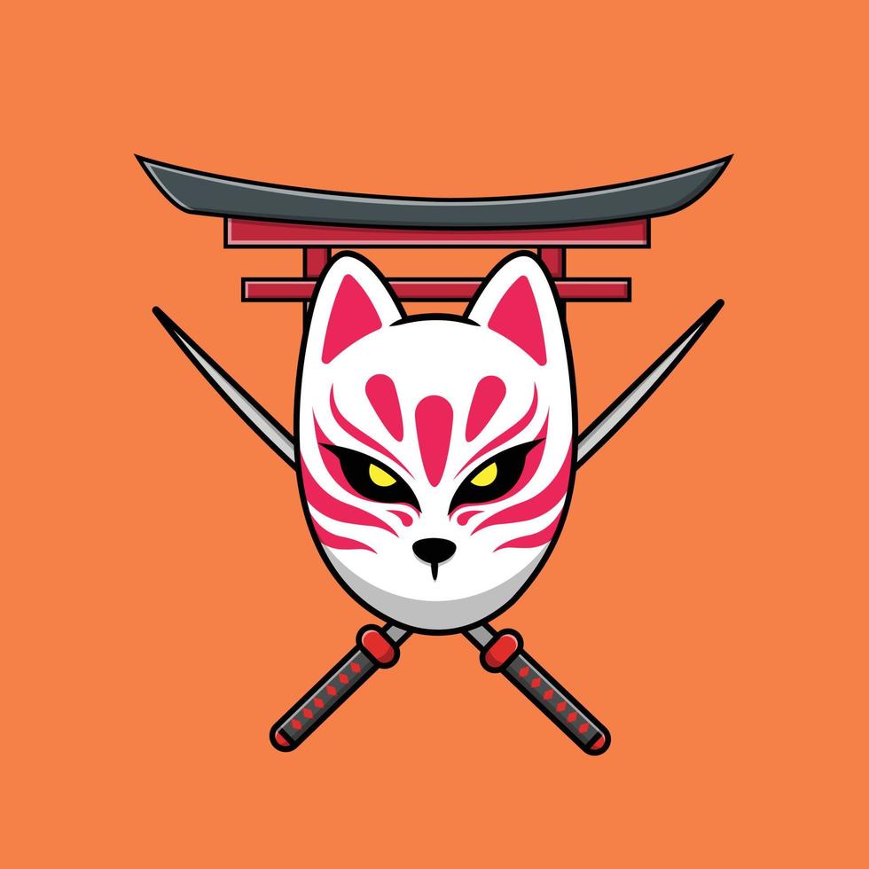 lindo kitsune y espada dibujos animados vector icono ilustración arte animal icono concepto aislado vector premium. estilo de dibujos animados plana