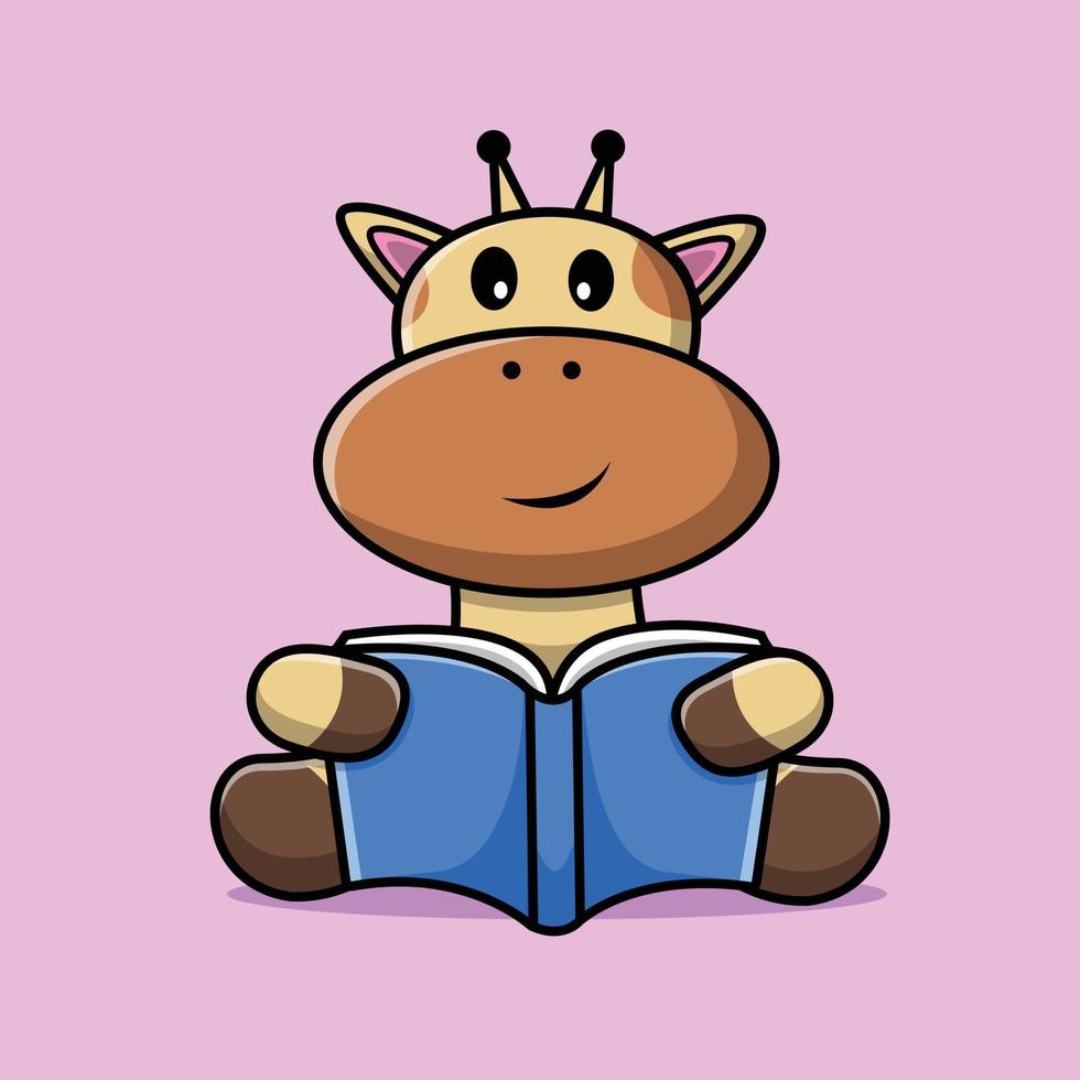 Cute Giraffe Reading Book Cartoon Vector Icon Illustration. Animal Education Icon Concept Isolated Premium Vector. Flat Cartoon Style