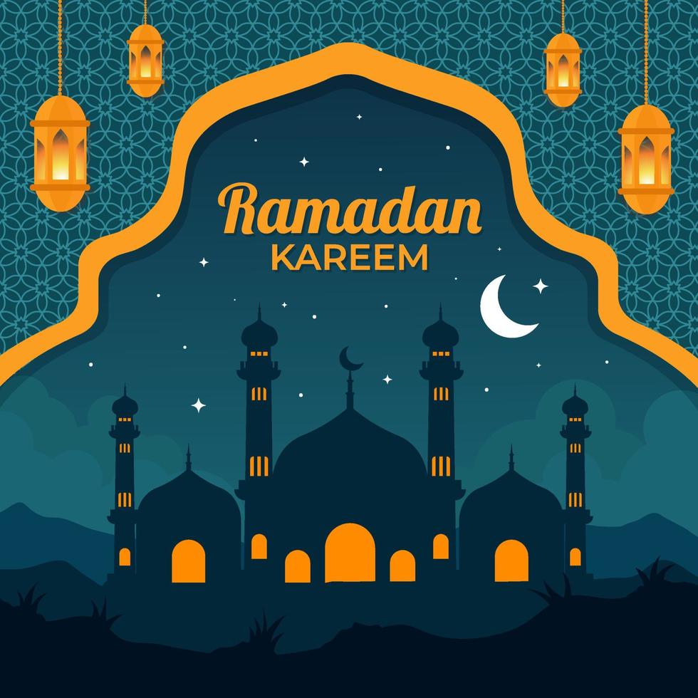 fondo del paisaje de la mezquita plana de ramadán con linterna vector