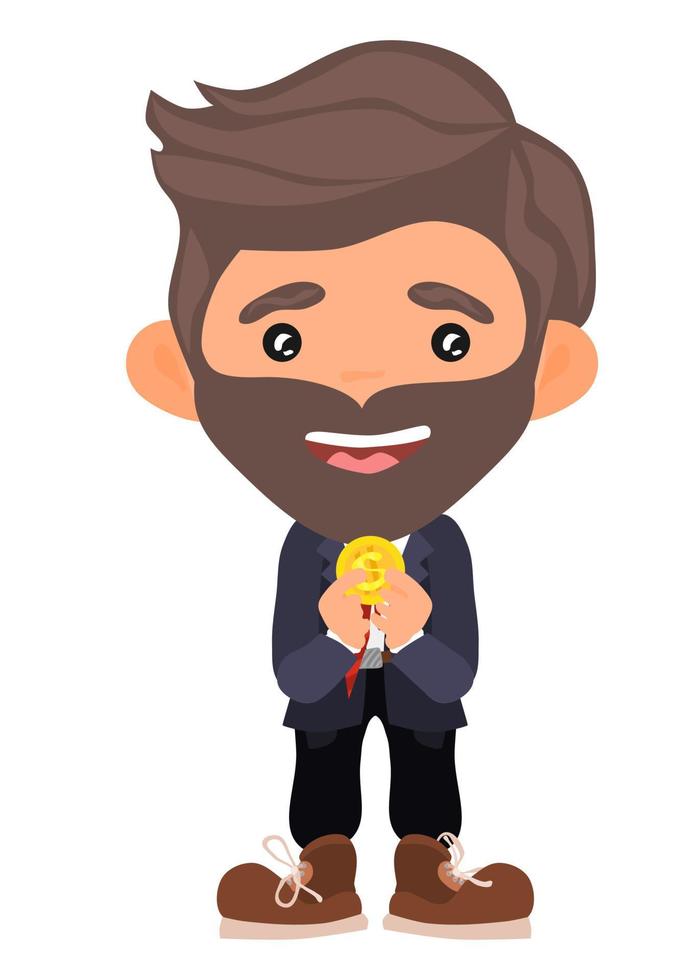 hombre con barba con una moneda de oro. plano vectorial vector