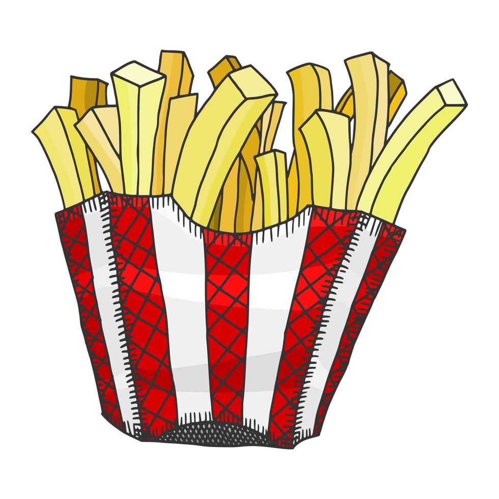 crispy fries in a box. doodle sketch potato fri vector