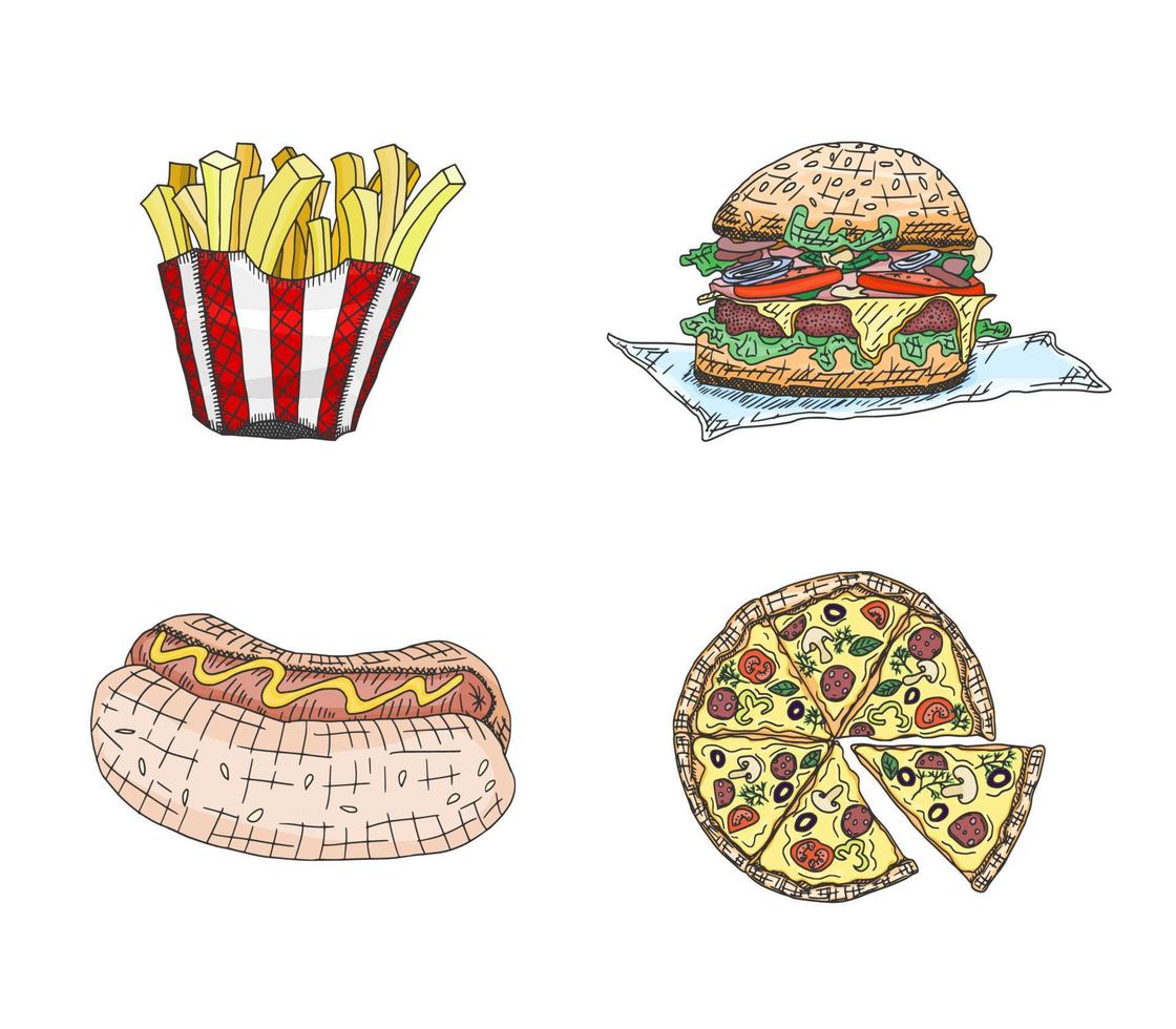 fast food products pizza hot dog sandwich. sketch vector