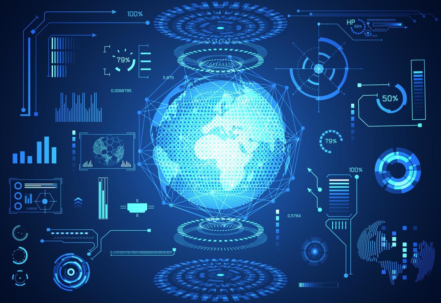 tecnología abstracta ui concepto futurista mundo hud interfaz holograma elementos de gráfico de datos digitales, comunicación y porcentaje de círculo innovación de vitalidad en el fondo de diseño futuro de alta tecnología vector