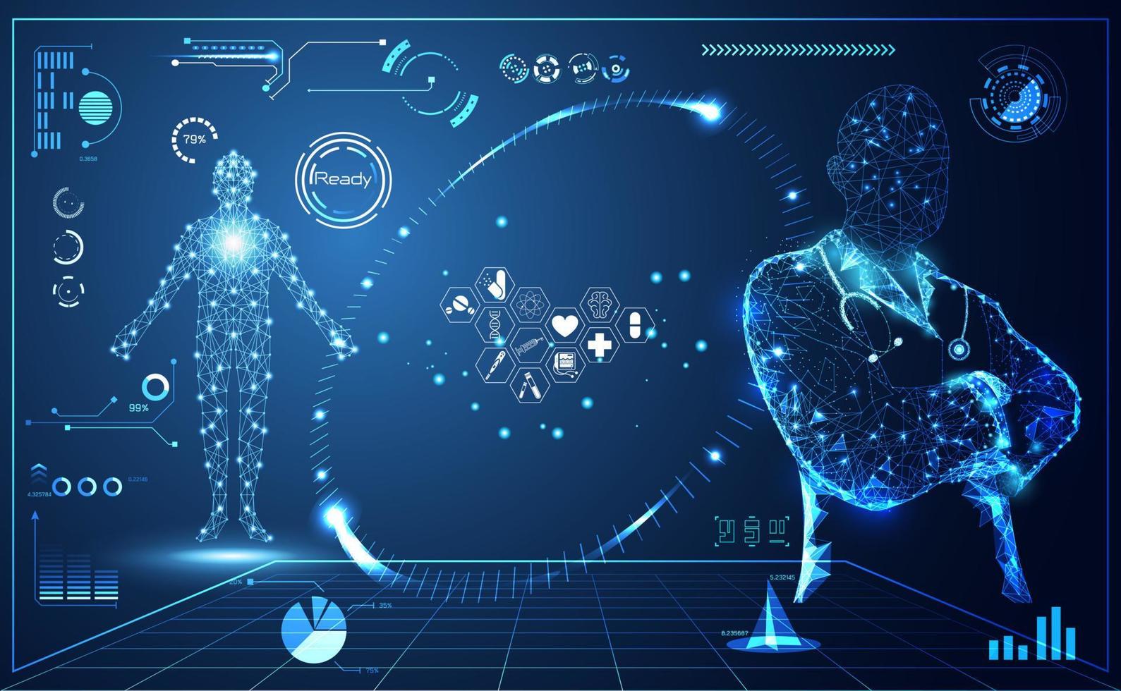 la ciencia médica de salud abstracta consiste en un tratamiento de holograma virtual futurista digital médico, conexión de enlace de sistema de comunicación y medicina en fondo azul de alta tecnología.vector vector