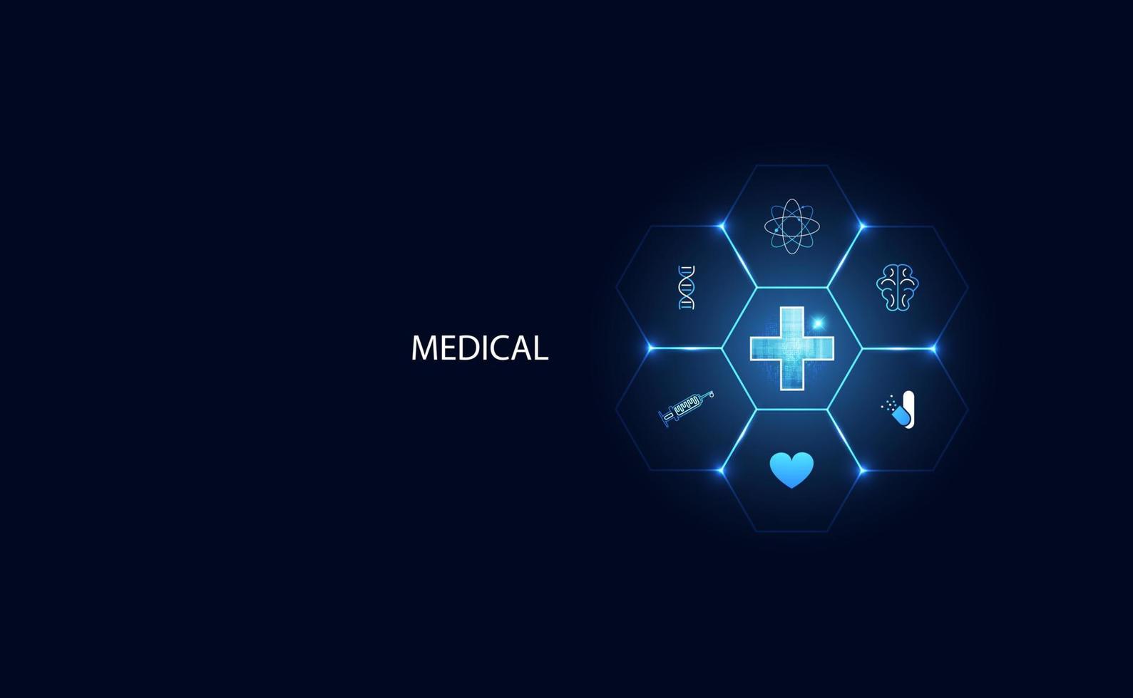 Blue abstract image with futuristic modern science That is blue and light flare, positive health concept For medical and with icons such as atom, brain, DNA, syringe, medicine, heart, background image vector