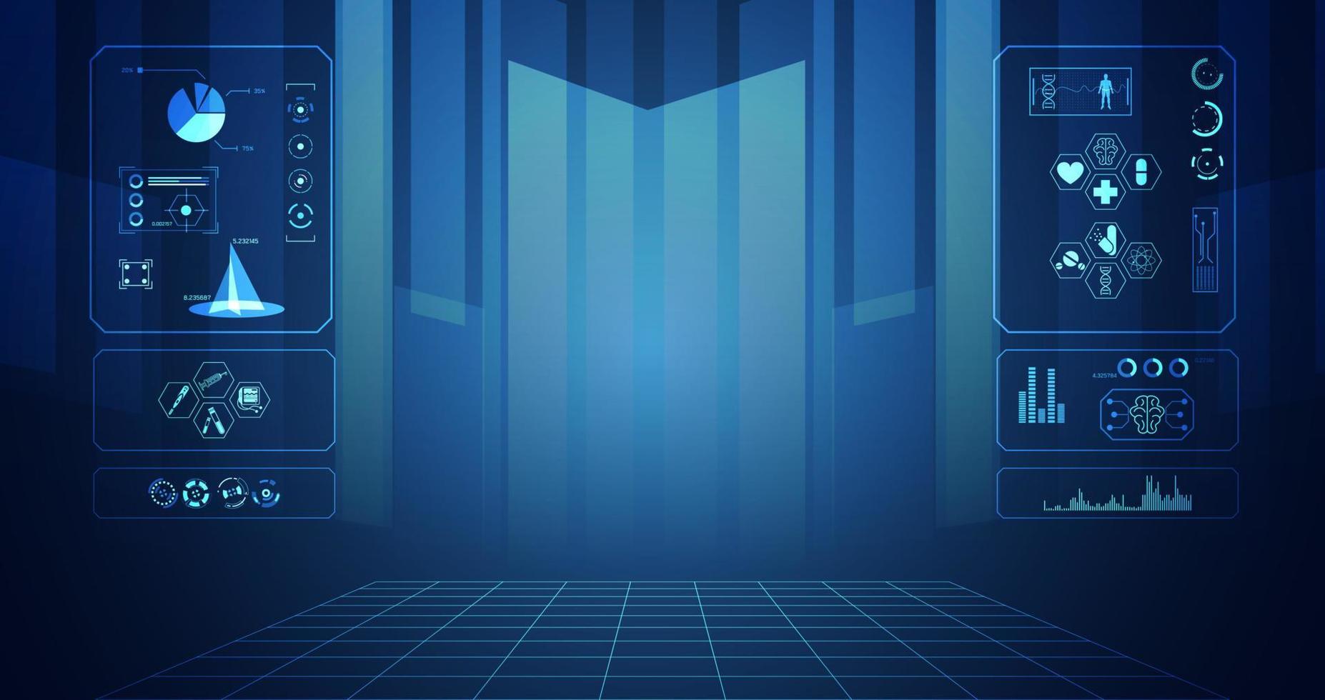 abstract health medical science consist interface digital futuristic virtual hologram treatment,medicine and communication system link connection on  hi tech blue background.Vector vector